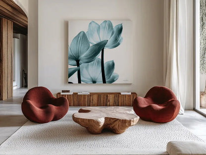 Translucent Tulips III Sq Aqua Crop by Debra Van Swearingen. Shown as extra-large giant wall art in a modern living room. Available as an archival giclee rolled canvas, fine art paper, or poster print. SKU 28922a.