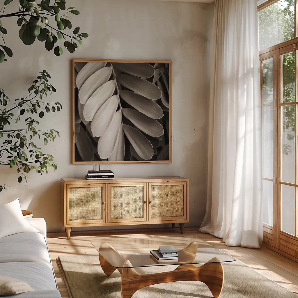 Tropical Plant I Crop by Debra Van Swearingen. Shown in a natural wood frame in a cozy modern living room. Available as an archival giclee rolled canvas, fine art paper, or poster print. SKU 23499a.