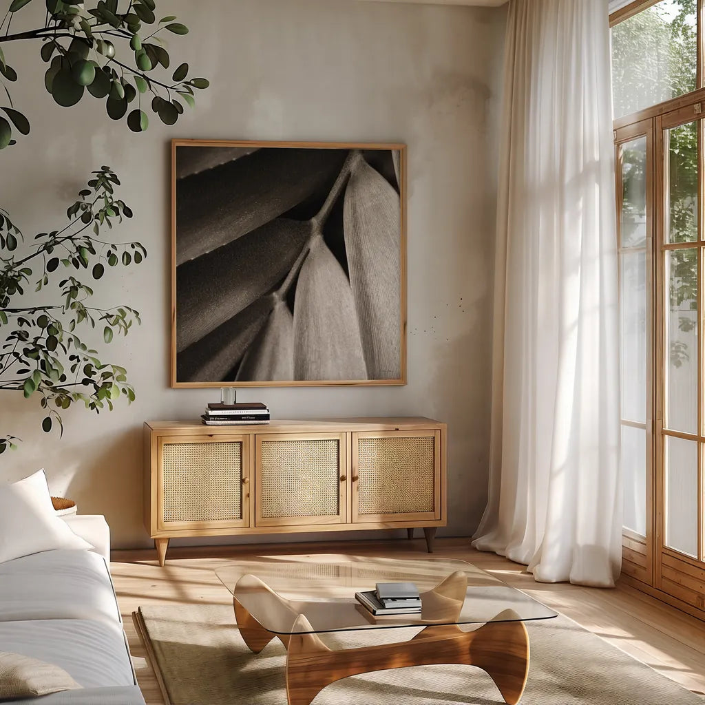 Tropical Plant II Crop by Debra Van Swearingen. Shown in a natural wood frame in a cozy modern living room. Available as an archival giclee rolled canvas, fine art paper, or poster print. SKU 23500a.