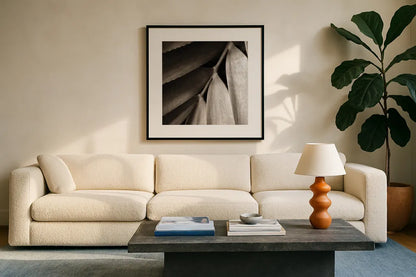 Tropical Plant II Crop by Debra Van Swearingen. Displayed in a glass frame with matte in a clean modern living room. Available as an archival giclee rolled canvas, fine art paper, or poster print. SKU 23500a.