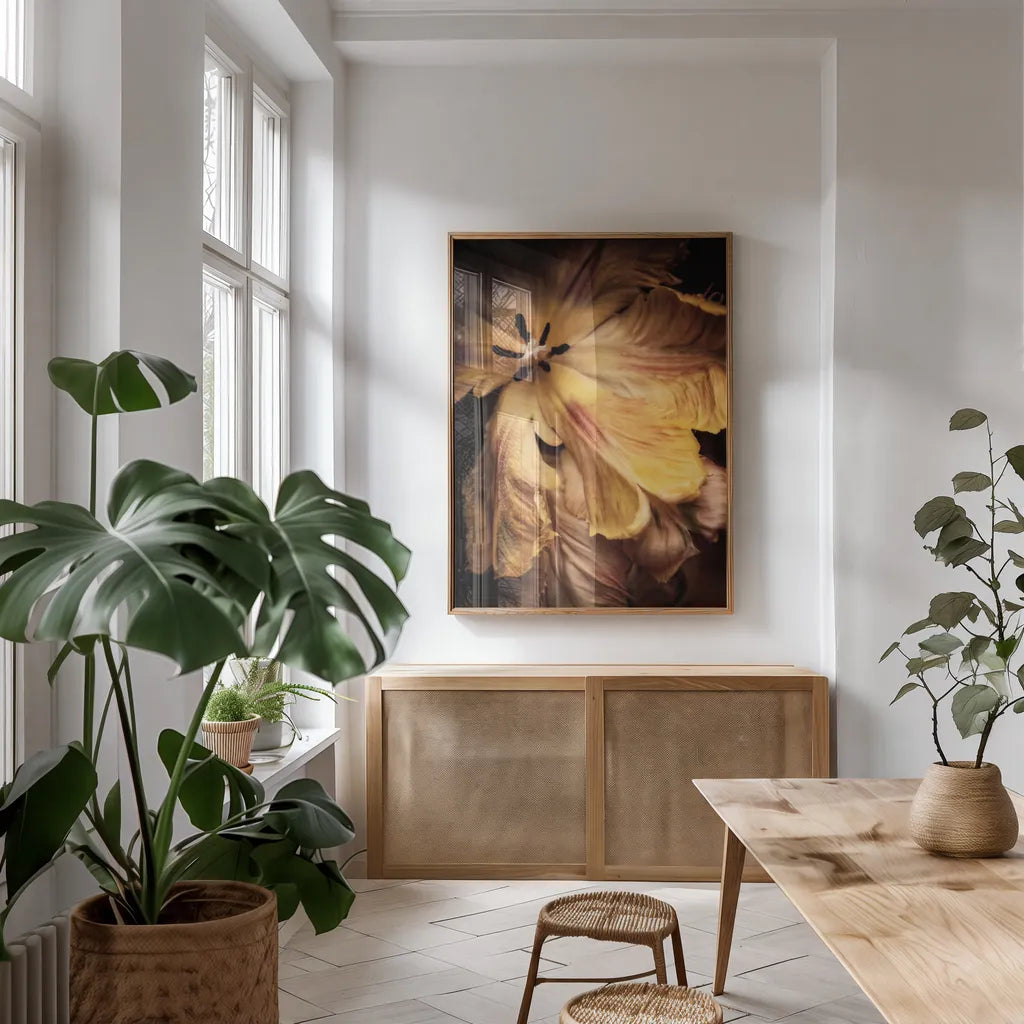 Tulip Detail I by Debra Van Swearingen. shown as a print in a natural wood frame in a dining room. Available as a archival giclee rolled canvas, fine art paper, or poster print. SKU 84231h.