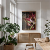 Tulip Detail II by Debra Van Swearingen. shown as a print in a natural wood frame in a dining room. Available as a archival giclee rolled canvas, fine art paper, or poster print. SKU 84232h.