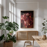 Tulip Detail III by Debra Van Swearingen. shown as a print in a natural wood frame in a dining room. Available as a archival giclee rolled canvas, fine art paper, or poster print. SKU 84233h.