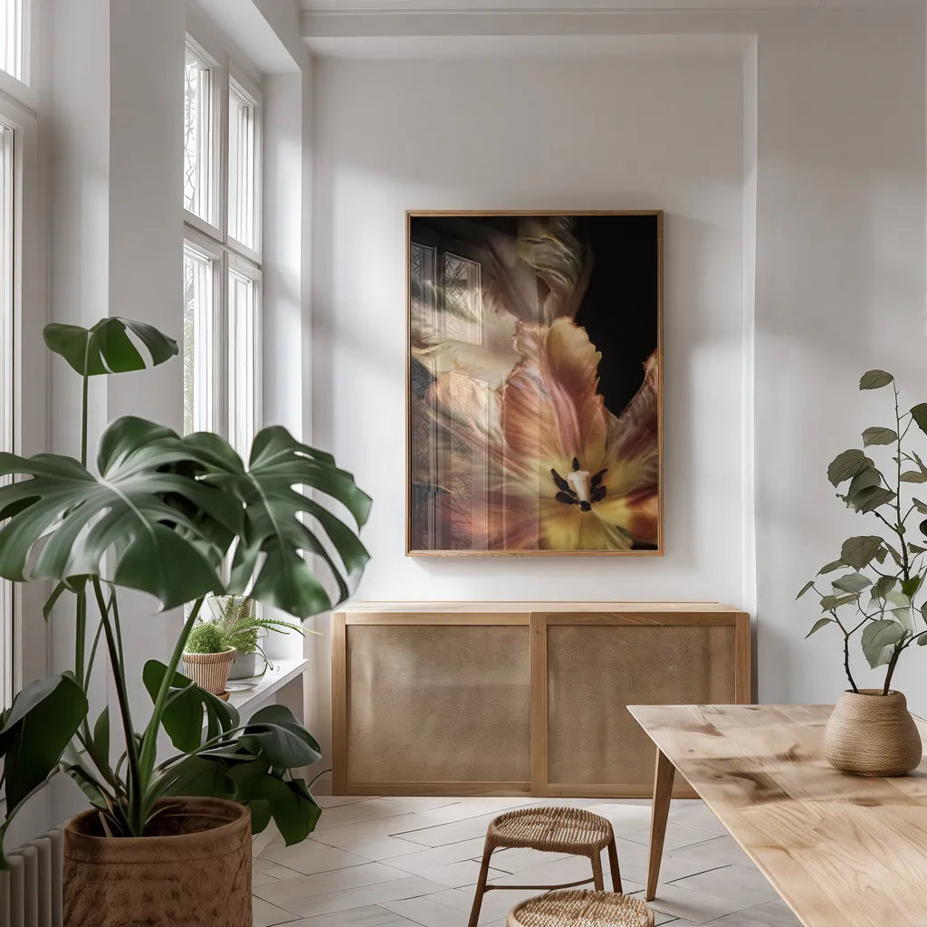 Tulip Detail IV by Debra Van Swearingen. shown as a print in a natural wood frame in a dining room. Available as a archival giclee rolled canvas, fine art paper, or poster print. SKU 84234h.