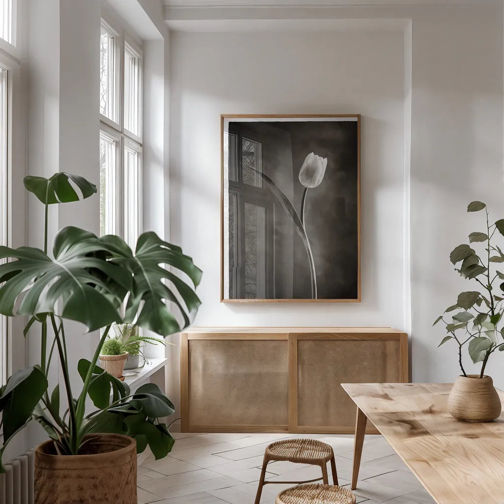 Two Tone Tulips II by Debra Van Swearingen. shown as a print in a natural wood frame in a dining room. Available as a archival giclee rolled canvas, fine art paper, or poster print. SKU 19434h.