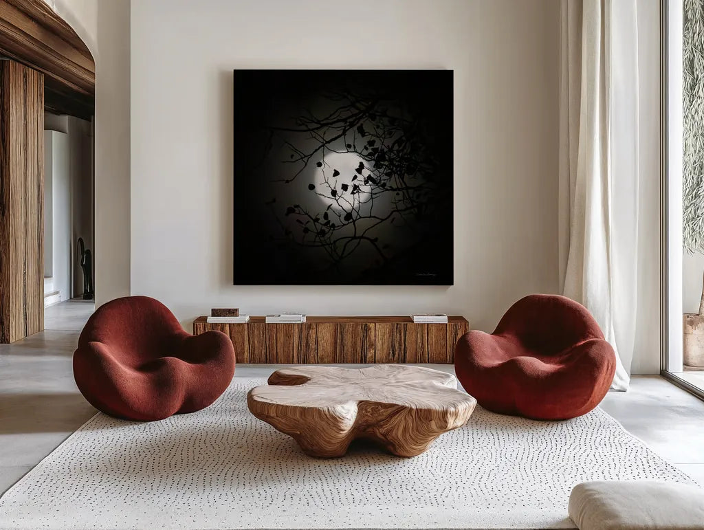 Vermont Blue Moon by Debra Van Swearingen. Shown as extra-large giant wall art in a modern living room. Available as an archival giclee rolled canvas, fine art paper, or poster print. SKU 90962a.