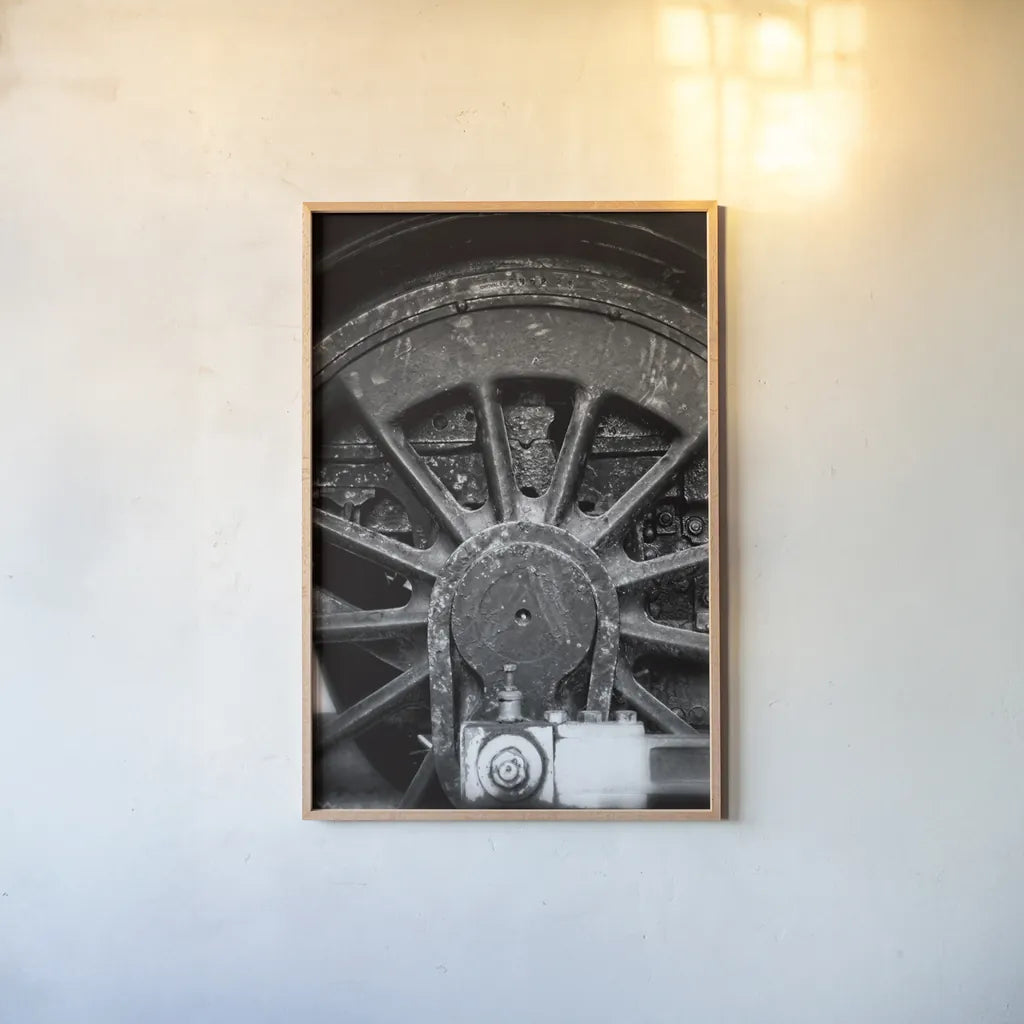 Vintage Train II BW by Debra Van Swearingen. shown as a paper print in a natural frame. Available as a archival giclee rolled canvas, fine art paper, or poster print. SKU 88464h.