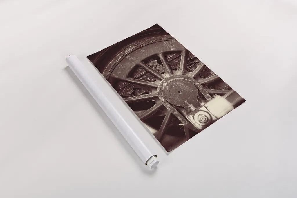 Vintage Train II Sepia by Debra Van Swearingen. shown as a rolled paper print. Available as archival giclee rolled canvas, fine art paper, or poster print. SKU 88467h.