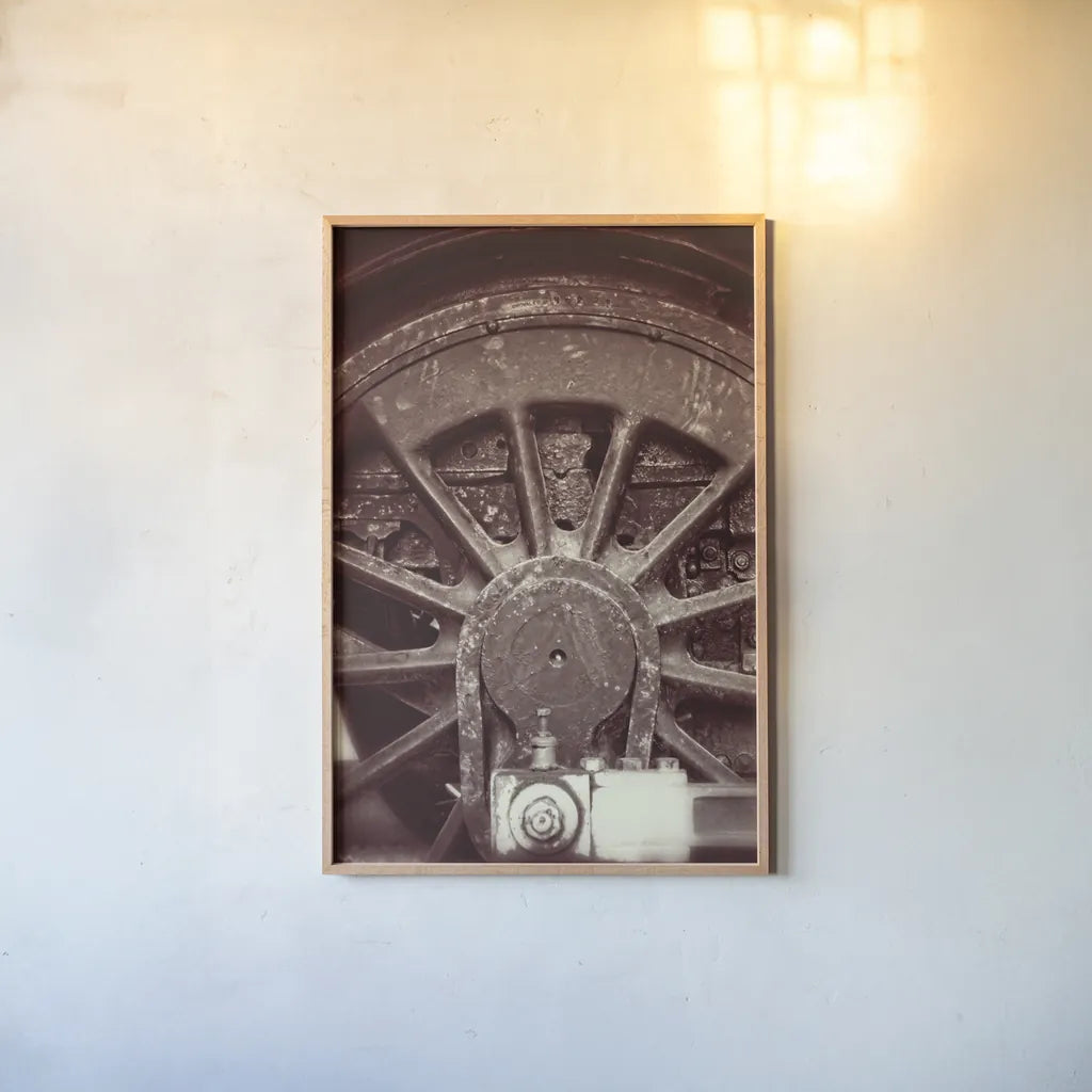 Vintage Train II Sepia by Debra Van Swearingen. shown as a paper print in a natural frame. Available as a archival giclee rolled canvas, fine art paper, or poster print. SKU 88467h.