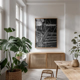 Vintage Train III BW by Debra Van Swearingen. shown as a print in a natural wood frame in a dining room. Available as a archival giclee rolled canvas, fine art paper, or poster print. SKU 88465h.