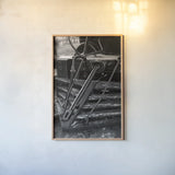 Vintage Train III BW by Debra Van Swearingen. shown as a paper print in a natural frame. Available as a archival giclee rolled canvas, fine art paper, or poster print. SKU 88465h.