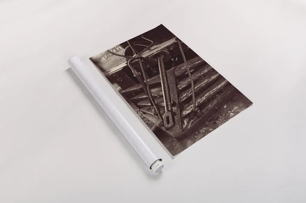 Vintage Train III Sepia by Debra Van Swearingen. shown as a rolled paper print. Available as archival giclee rolled canvas, fine art paper, or poster print. SKU 88468h.