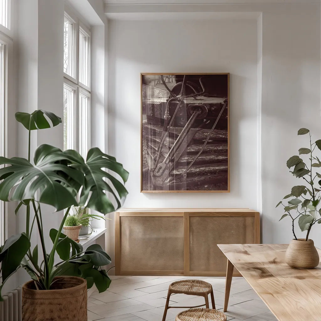 Vintage Train III Sepia by Debra Van Swearingen. shown as a print in a natural wood frame in a dining room. Available as a archival giclee rolled canvas, fine art paper, or poster print. SKU 88468h.