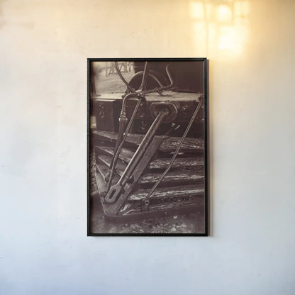 Vintage Train III Sepia by Debra Van Swearingen. shown as a paper print in a black flame. Available as a archival giclee rolled canvas, fine art paper, or poster print. SKU 88468h.