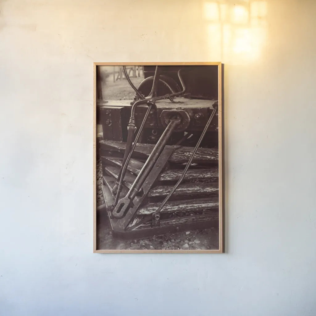 Vintage Train III Sepia by Debra Van Swearingen. shown as a paper print in a natural frame. Available as a archival giclee rolled canvas, fine art paper, or poster print. SKU 88468h.