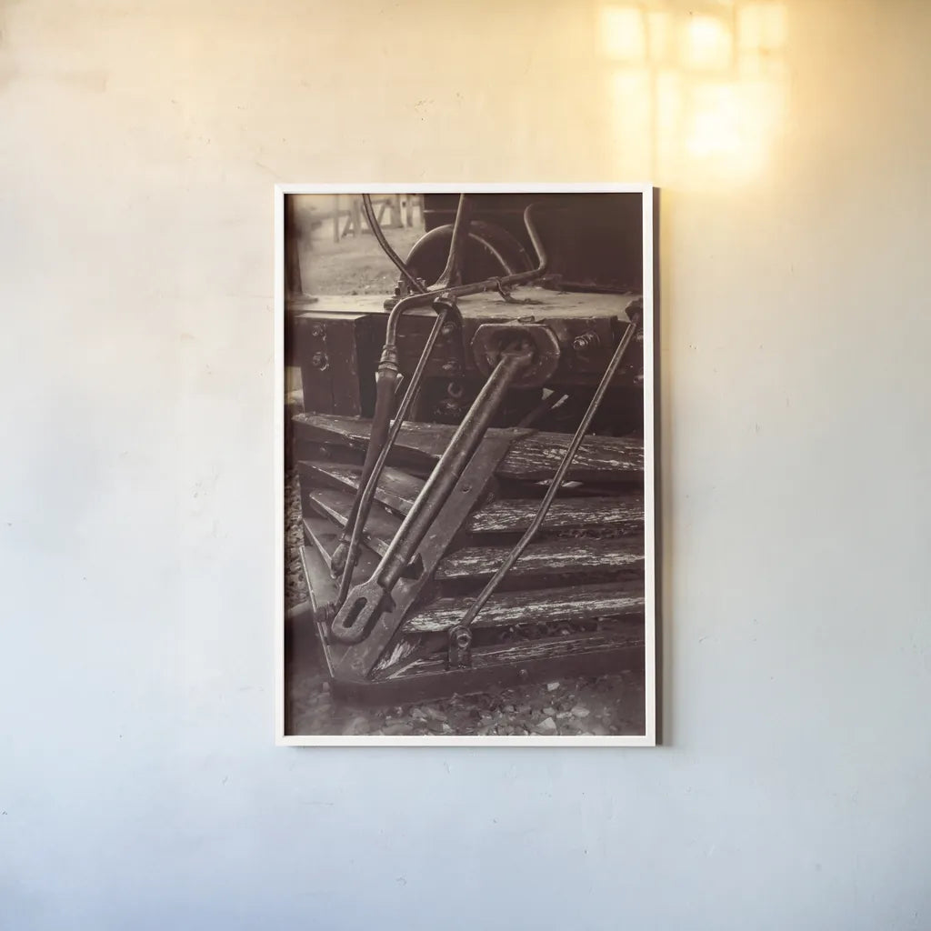 Vintage Train III Sepia by Debra Van Swearingen. shown as a paper print in a white frame. Available as a archival giclee rolled canvas, fine art paper, or poster print. SKU 88468h.