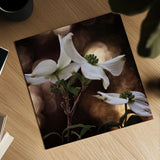 White Dogwood I by Debra Van Swearingen. Shown as a detailed flat fine art print, highlighting archival giclee quality. Available as an archival giclee rolled canvas, fine art paper, or poster print. SKU 63810a.