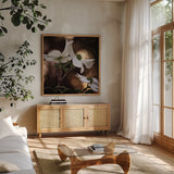 White Dogwood I by Debra Van Swearingen. Shown in a natural wood frame in a cozy modern living room. Available as an archival giclee rolled canvas, fine art paper, or poster print. SKU 63810a.