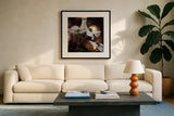 White Dogwood I by Debra Van Swearingen. Displayed in a glass frame with matte in a clean modern living room. Available as an archival giclee rolled canvas, fine art paper, or poster print. SKU 63810a.