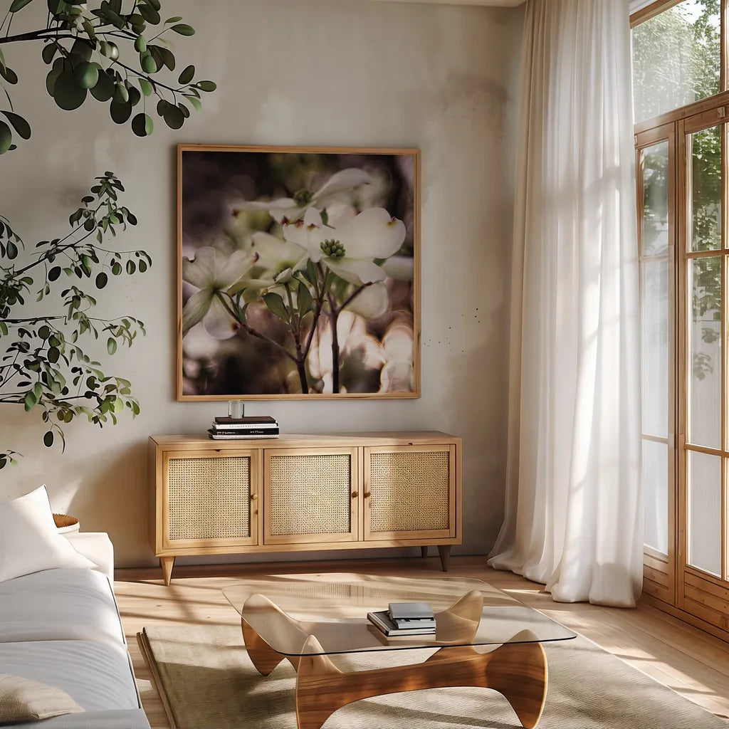 White Dogwood II by Debra Van Swearingen. Shown in a natural wood frame in a cozy modern living room. Available as an archival giclee rolled canvas, fine art paper, or poster print. SKU 63811a.