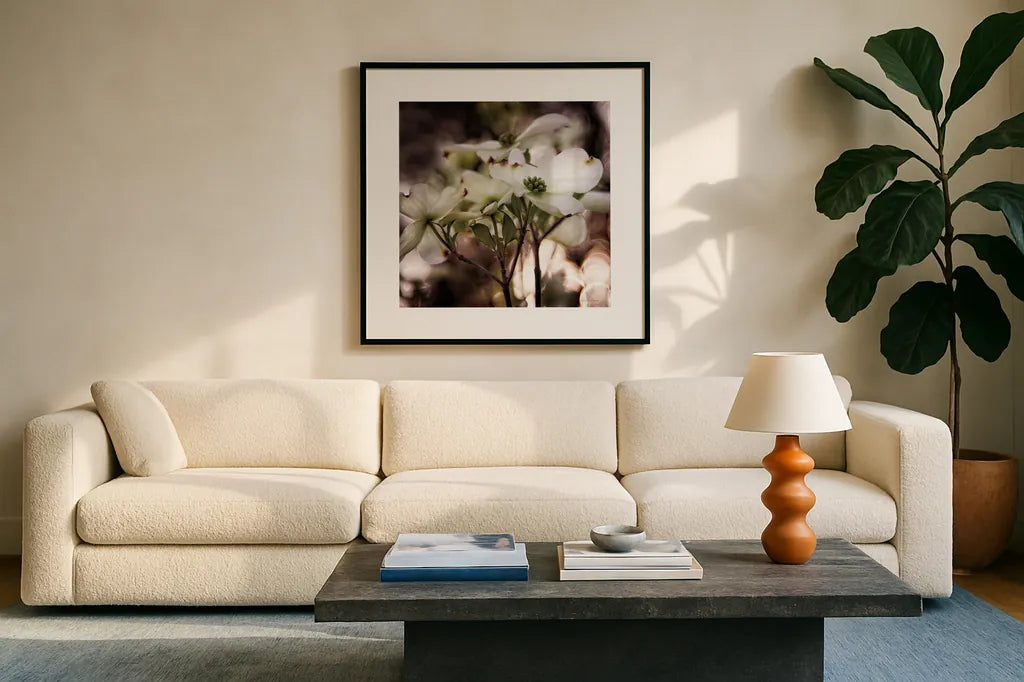 White Dogwood II by Debra Van Swearingen. Displayed in a glass frame with matte in a clean modern living room. Available as an archival giclee rolled canvas, fine art paper, or poster print. SKU 63811a.