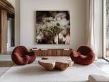 White Dogwood II by Debra Van Swearingen. Shown as extra-large giant wall art in a modern living room. Available as an archival giclee rolled canvas, fine art paper, or poster print. SKU 63811a.