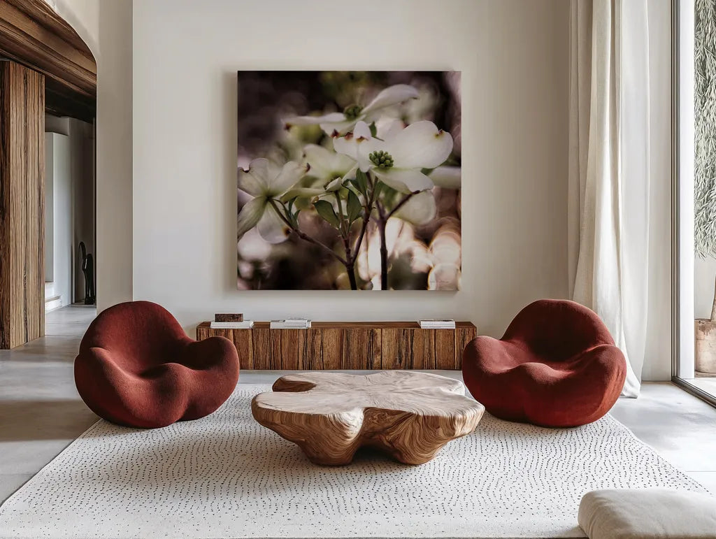 White Dogwood II by Debra Van Swearingen. Shown as extra-large giant wall art in a modern living room. Available as an archival giclee rolled canvas, fine art paper, or poster print. SKU 63811a.