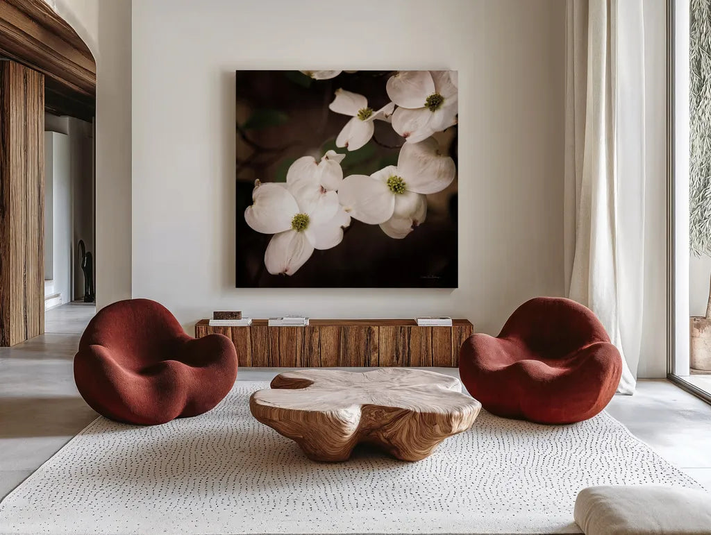 White Dogwood III by Debra Van Swearingen. Shown as extra-large giant wall art in a modern living room. Available as an archival giclee rolled canvas, fine art paper, or poster print. SKU 63812a.