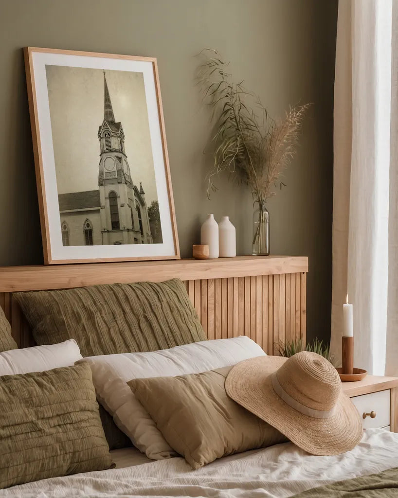 Wooden Steeple by Debra Van Swearingen. shown as a paper print in a natural frame. Available as a archival giclee rolled canvas, fine art paper, or poster print. SKU 88675h.