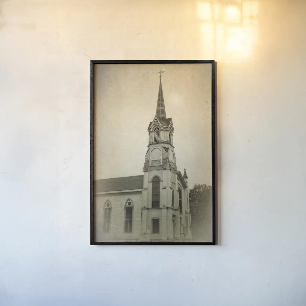 Wooden Steeple by Debra Van Swearingen. shown as a paper print in a black flame. Available as a archival giclee rolled canvas, fine art paper, or poster print. SKU 88675h.