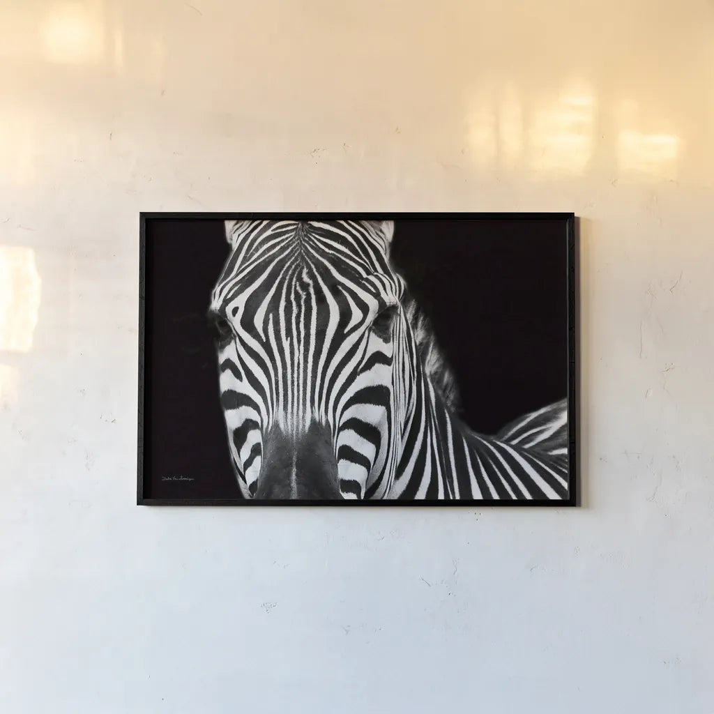 Zebra II Crop by Debra Van Swearingen. shown as a paper print in a black flame. Available as a archival giclee rolled canvas, fine art paper, or poster print. SKU 16455i.