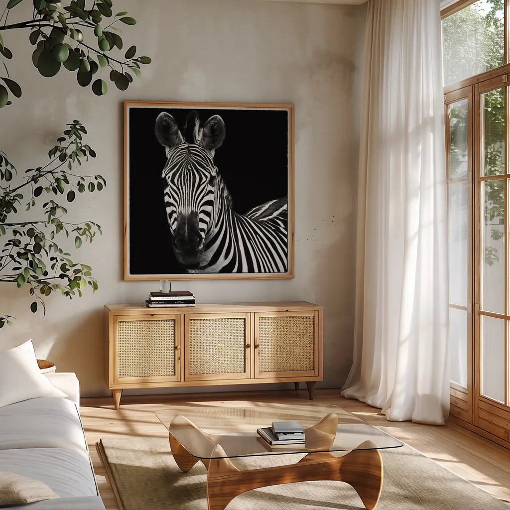 Zebra II Square by Debra Van Swearingen. Shown in a natural wood frame in a cozy modern living room. Available as an archival giclee rolled canvas, fine art paper, or poster print. SKU 16455a.