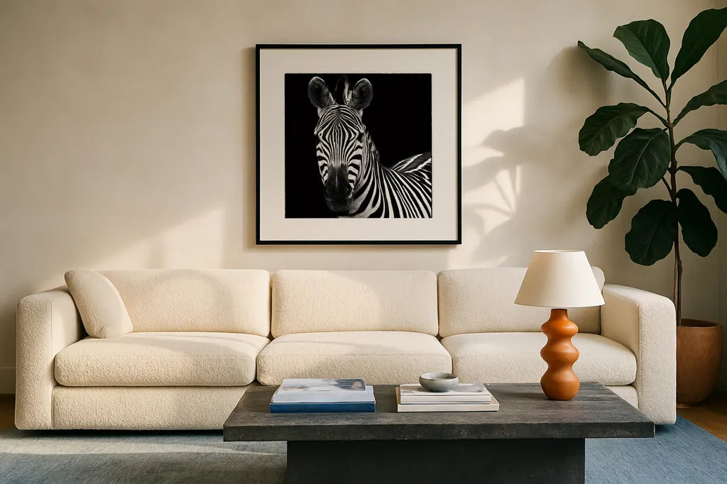 Zebra II Square by Debra Van Swearingen. Displayed in a glass frame with matte in a clean modern living room. Available as an archival giclee rolled canvas, fine art paper, or poster print. SKU 16455a.