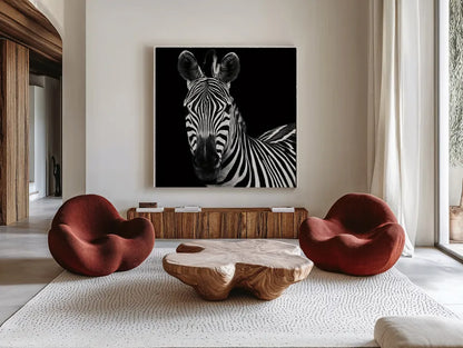 Zebra II Square by Debra Van Swearingen. Shown as extra-large giant wall art in a modern living room. Available as an archival giclee rolled canvas, fine art paper, or poster print. SKU 16455a.