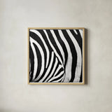 Zebra IV by Debra Van Swearingen. Shown in a natural wood glass frame for a timeless modern aesthetic. Available as an archival giclee rolled canvas, fine art paper, or poster print. SKU 48736a.