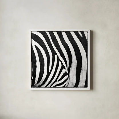 Zebra IV by Debra Van Swearingen. Shown in a crisp white glass frame for a clean and minimalist style. Available as an archival giclee rolled canvas, fine art paper, or poster print. SKU 48736a.