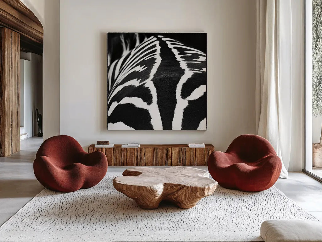 Zebra V by Debra Van Swearingen. Shown as extra-large giant wall art in a modern living room. Available as an archival giclee rolled canvas, fine art paper, or poster print. SKU 48737a.