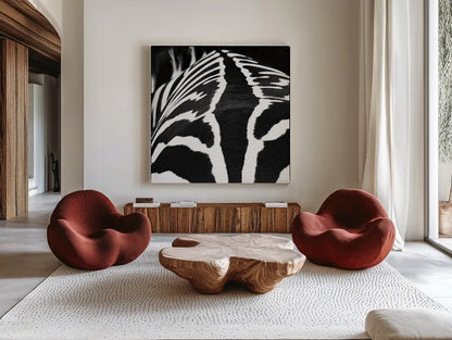 Zebra V by Debra Van Swearingen. Shown as extra-large giant wall art in a modern living room. Available as an archival giclee rolled canvas, fine art paper, or poster print. SKU 48737a.