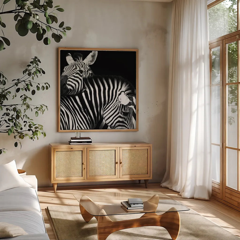 Zebra VI by Debra Van Swearingen. Shown in a natural wood frame in a cozy modern living room. Available as an archival giclee rolled canvas, fine art paper, or poster print. SKU 19454a.