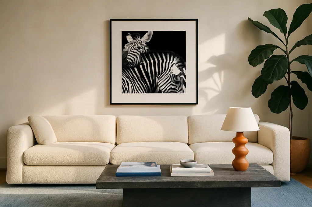 Zebra VI by Debra Van Swearingen. Displayed in a glass frame with matte in a clean modern living room. Available as an archival giclee rolled canvas, fine art paper, or poster print. SKU 19454a.