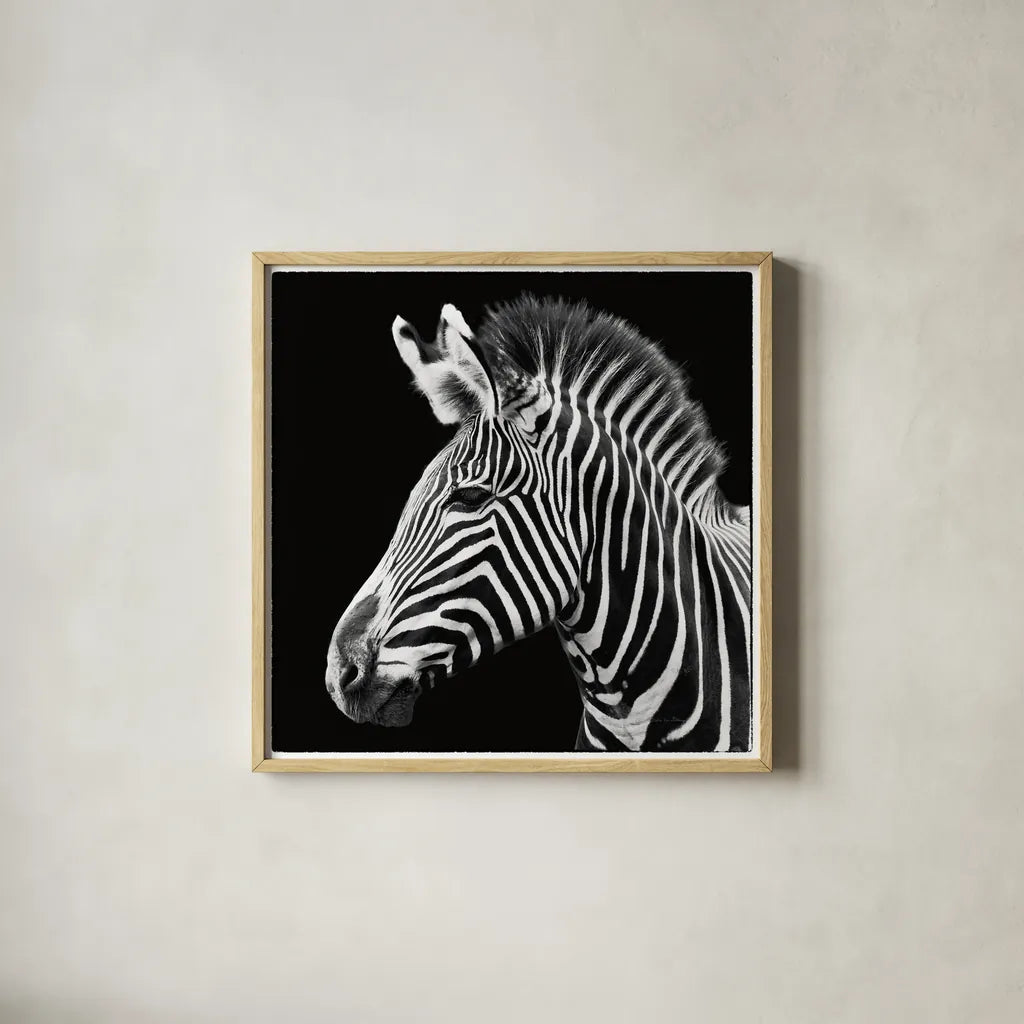 Zebra VII by Debra Van Swearingen. Shown in a natural wood glass frame for a timeless modern aesthetic. Available as an archival giclee rolled canvas, fine art paper, or poster print. SKU 19455a.