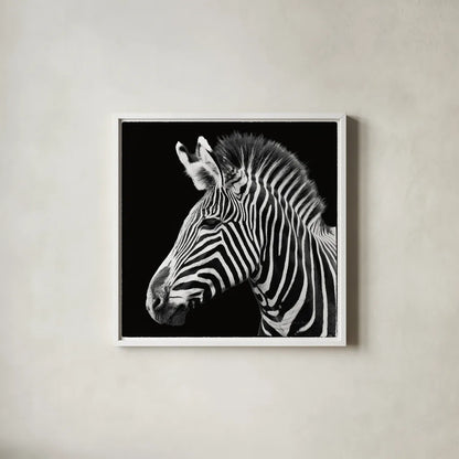 Zebra VII by Debra Van Swearingen. Shown in a crisp white glass frame for a clean and minimalist style. Available as an archival giclee rolled canvas, fine art paper, or poster print. SKU 19455a.