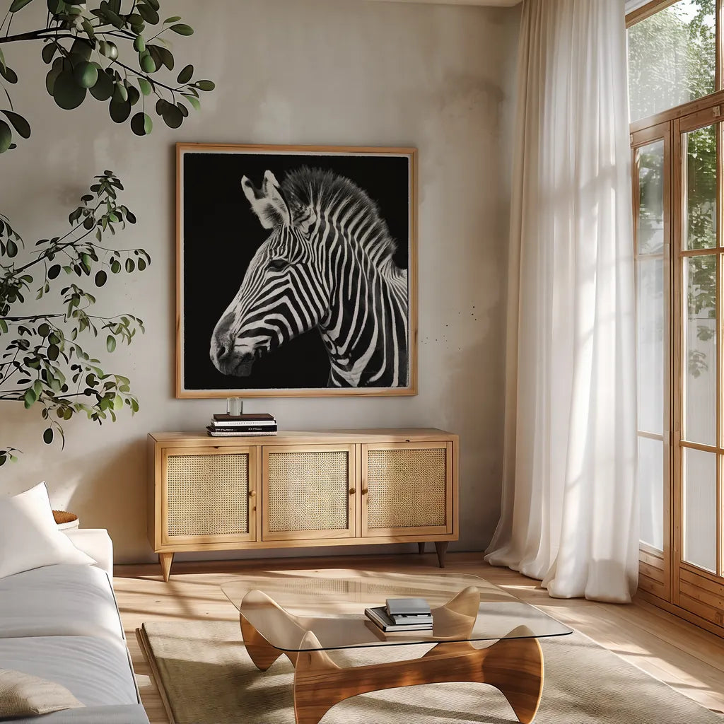 Zebra VII by Debra Van Swearingen. Shown in a natural wood frame in a cozy modern living room. Available as an archival giclee rolled canvas, fine art paper, or poster print. SKU 19455a.