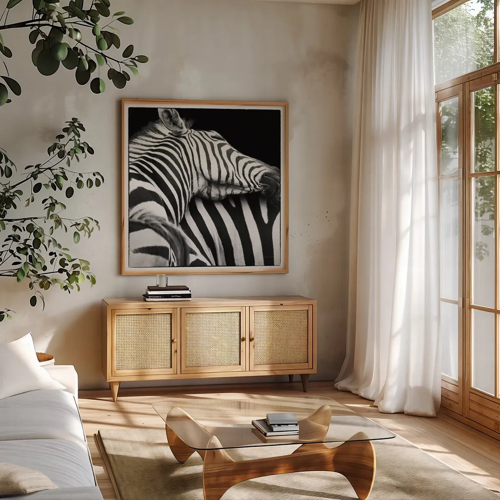 Zebra VIII by Debra Van Swearingen. Shown in a natural wood frame in a cozy modern living room. Available as an archival giclee rolled canvas, fine art paper, or poster print. SKU 19456a.