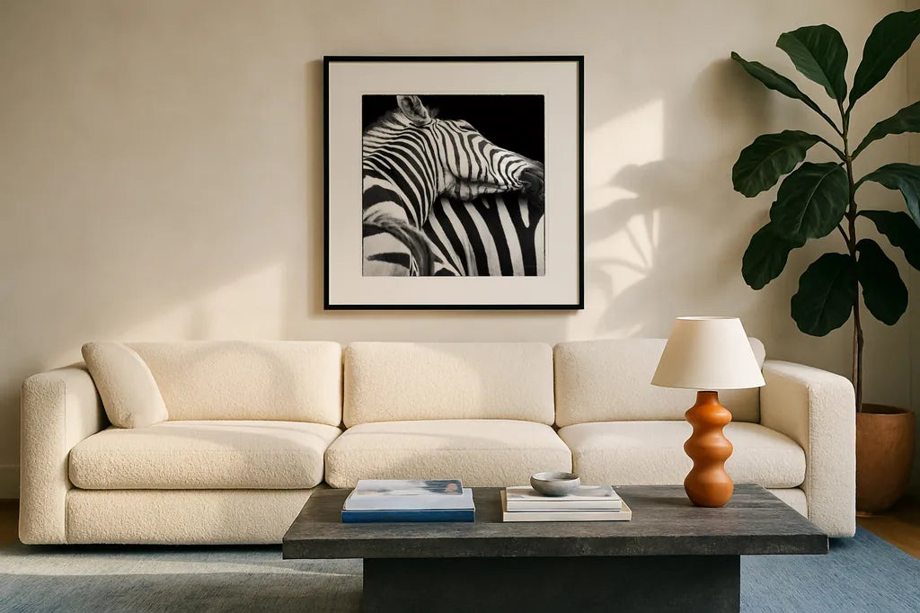 Zebra VIII by Debra Van Swearingen. Displayed in a glass frame with matte in a clean modern living room. Available as an archival giclee rolled canvas, fine art paper, or poster print. SKU 19456a.