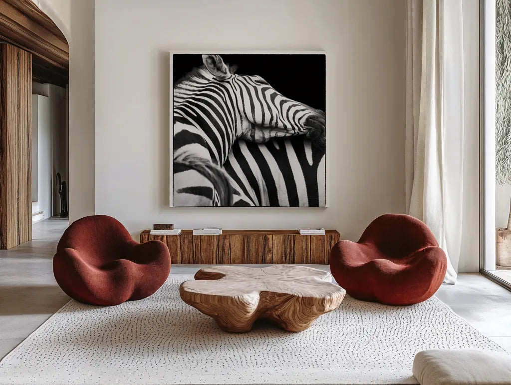 Zebra VIII by Debra Van Swearingen. Shown as extra-large giant wall art in a modern living room. Available as an archival giclee rolled canvas, fine art paper, or poster print. SKU 19456a.