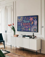 Along The Coast I by Dina June. shown as a framed stretched canvas in a living room above a console. Available as a archival giclee rolled canvas, fine art paper, or poster print. SKU 85295i.