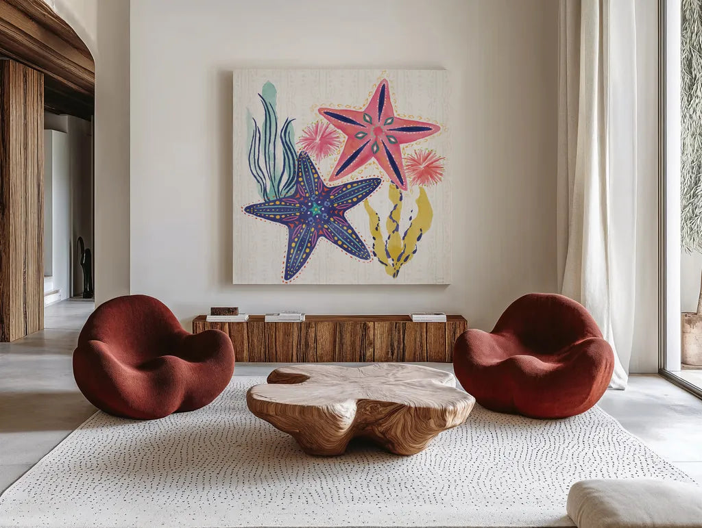 Along The Coast II by Dina June. Shown as extra-large giant wall art in a modern living room. Available as an archival giclee rolled canvas, fine art paper, or poster print. SKU 85296a.
