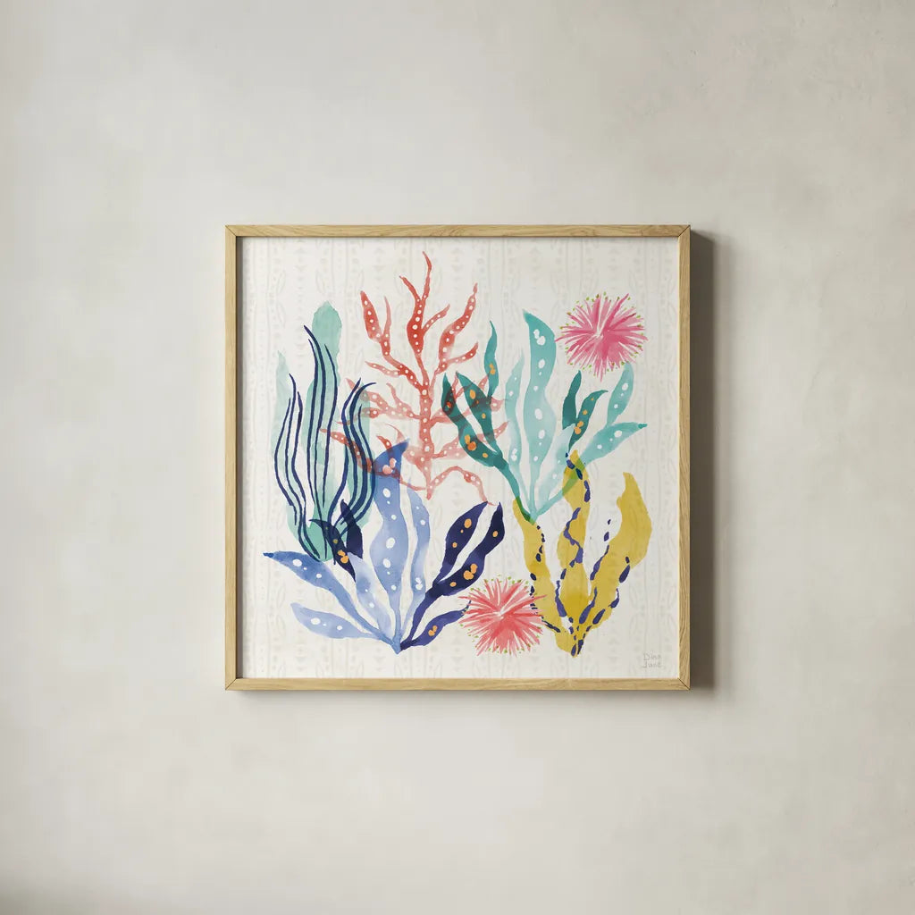 Along The Coast IV by Dina June. Shown in a natural wood glass frame for a timeless modern aesthetic. Available as an archival giclee rolled canvas, fine art paper, or poster print. SKU 85298a.