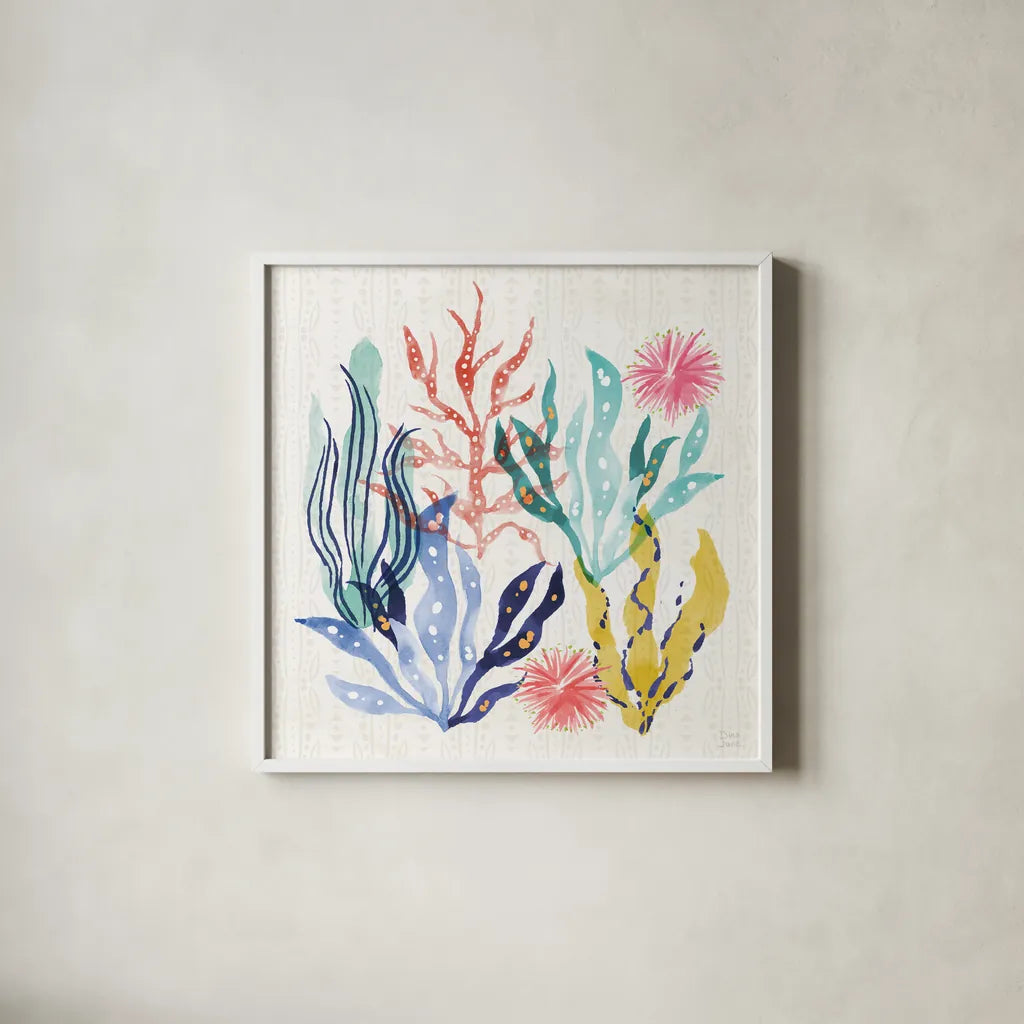 Along The Coast IV by Dina June. Shown in a crisp white glass frame for a clean and minimalist style. Available as an archival giclee rolled canvas, fine art paper, or poster print. SKU 85298a.